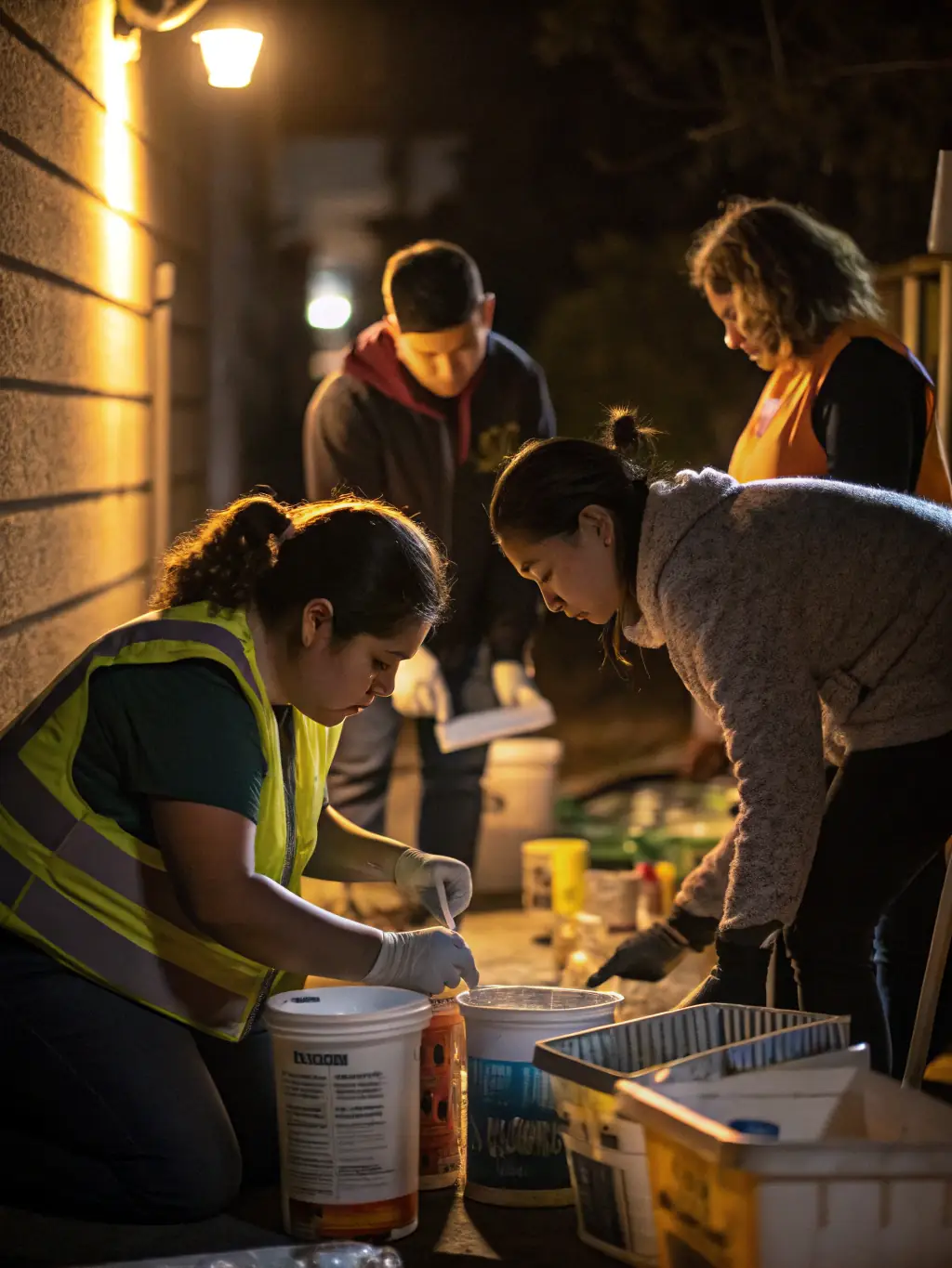 A group of volunteers setting up decorations for a local festival, showcasing community involvement and teamwork.