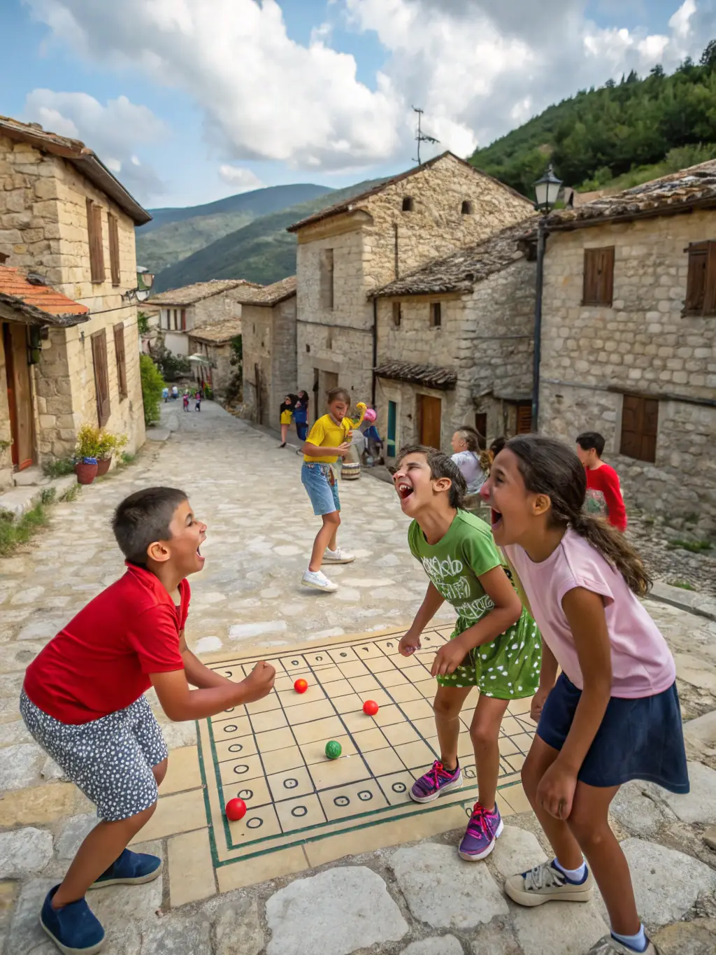 A photograph capturing the excitement of a children's games event during the annual village fete, showcasing kids laughing and participating in traditional games.