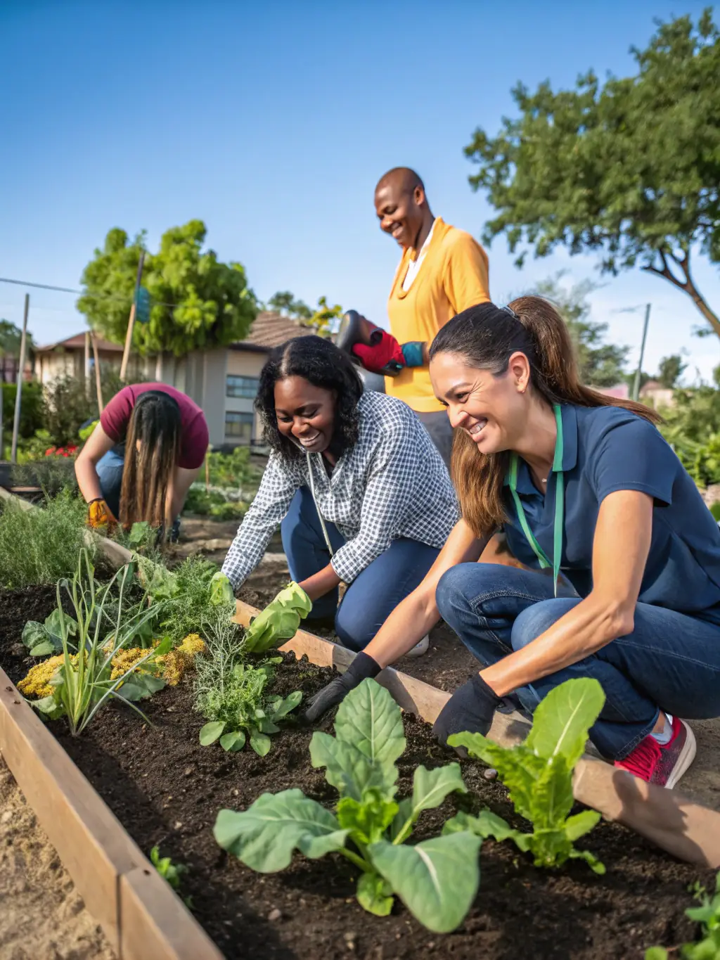 A picture of volunteers planting flowers and maintaining the community garden, demonstrating the organization's dedication to environmental beautification and community engagement.
