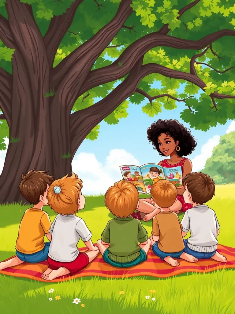 A group of children participating in a storytelling session during the 'Summer Fun Days' program, emphasizing the organization's commitment to engaging youth in cultural activities.