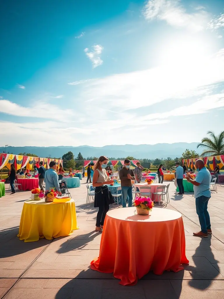 An image depicting volunteers setting up decorations for a themed cultural night, showcasing the collaborative effort and festive atmosphere.