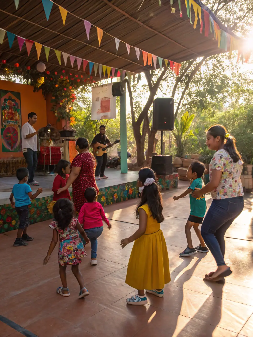 A picture showing residents participating in a traditional dance workshop, learning steps and enjoying the rhythm of local music.