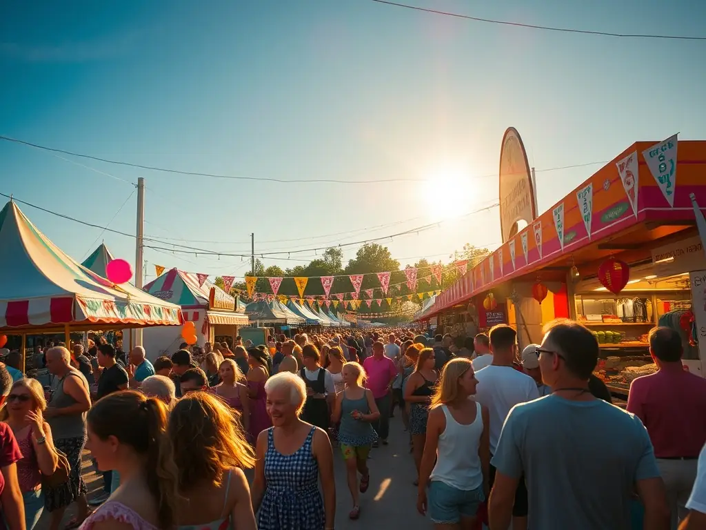 A vibrant image of a local festival with people enjoying music, food, and crafts, capturing the lively atmosphere of a community event organized by COMITE DES FETES DE LAROCHE PRES FEYT.