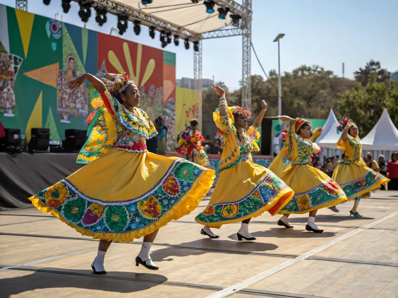 A photograph of a traditional dance performance during a cultural event, showcasing the rich heritage and artistic talent supported by COMITE DES FETES DE LAROCHE PRES FEYT.