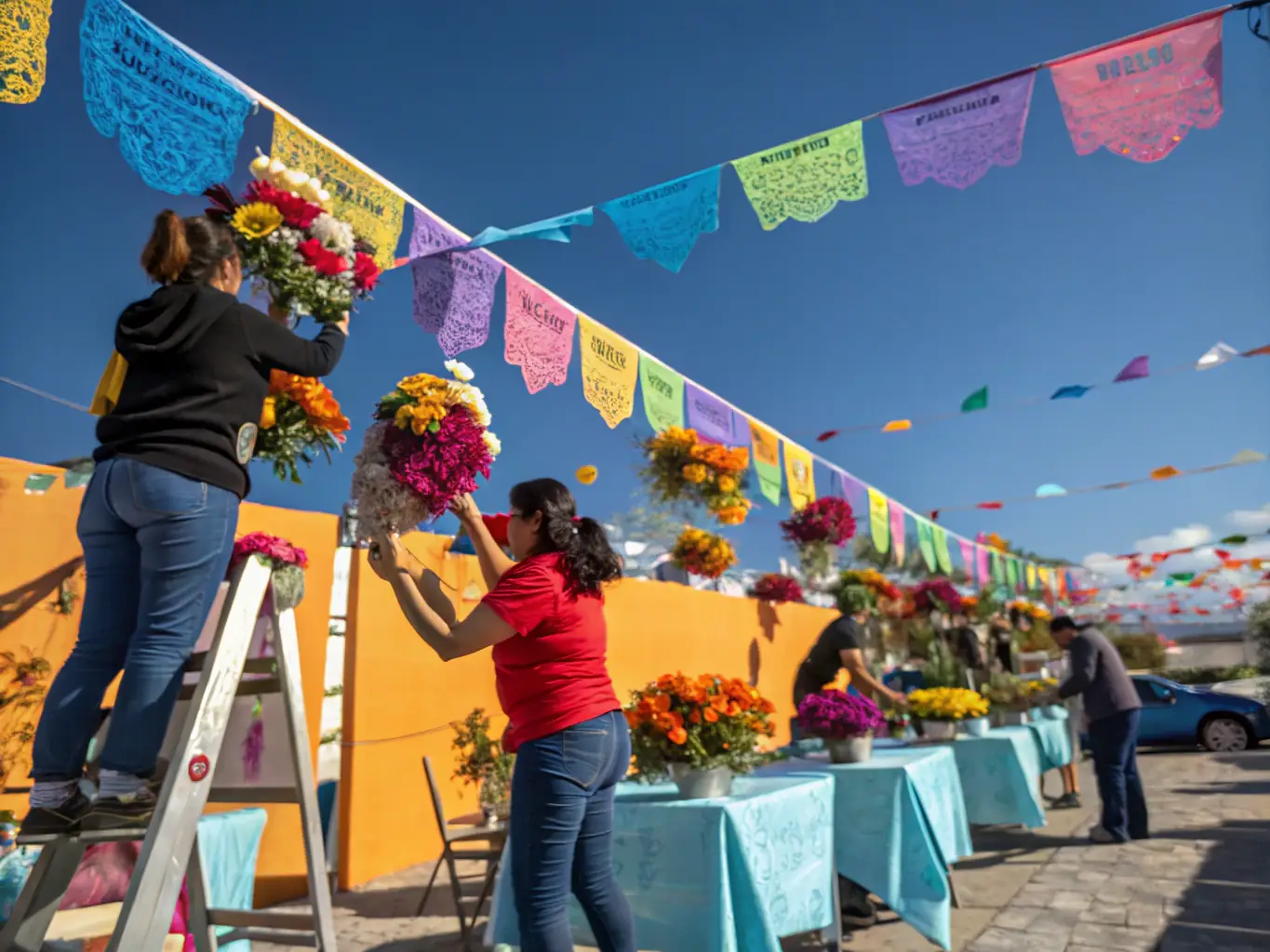 An image of volunteers setting up for a community event, highlighting the collaborative effort and community spirit fostered by COMITE DES FETES DE LAROCHE PRES FEYT.